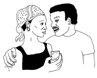 A man an woman discuss using a condom.