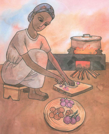 Woman preparing food in front of a stove