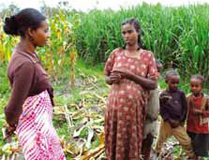 A community health professional talks to a pregnant woman amongst crops. Standing behind the pregnant woman stand three children.