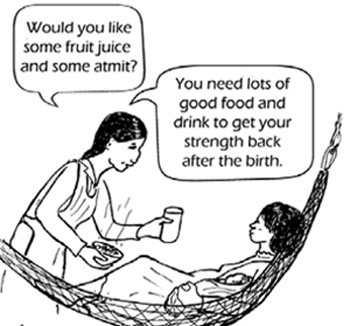 A woman lies in a hammock with her newborn. A health professional offers her some food and drink.