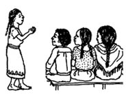 A health professional talking to a family about how to prepare for the birth. The health professional is standing and the family members are seated on a bench.