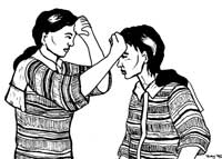 A HEP feeling the forehead of a client to see if she has a high temperature