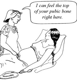 A health worker feeling the top of a mother's pubic bone