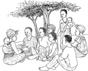 A group of people sitting beneath a tree discussing healthy eating with a pregnant woman who has a baby wrapped on her back. One woman is standing holding a baby.