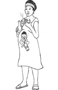 A Pregnant woman is smoking a cigarette and drinking a bottle of alcohol. On the front of her dress is an image of the baby inside her also drinking a bottle of alcohol and smoking a cigarette