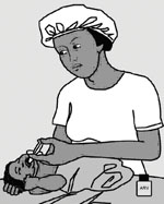 A health worker is administering oral medication to a baby swaddled in a blanket.