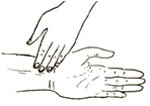 A persons hand placed on someone's wrist to check their pulse.
