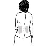 The back of a woman with areas along the sides of the back shaded grey to represent pain.