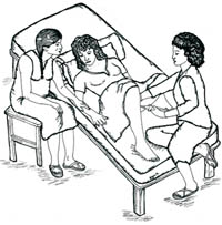 A woman lies on a bed. Another woman is seated beside the bed comforting the friend. Another woman is at the end of the bed performing an abortion.