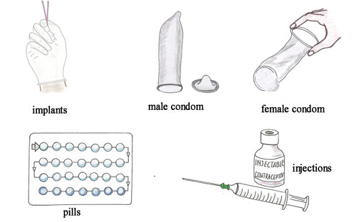 A selection of contraceptive methods.