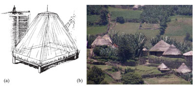 (a) A circular bed net. (b) Traditional Ethiopian 'tukul' round houses.
