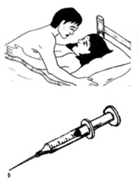 A man and woman in bed and a syringe.