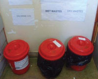 Buckets are used to collect used instruments, wet waste and dry waste respectively.