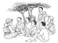 A sketch of a woman talking to a group of people from her community.