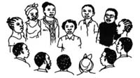 A sketch of a group of people standing in a circle together.