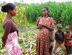 A community health worker talks to a pregnant woman amongst crops. Standing behind the pregnant woman stand three children.