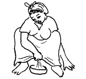 A woman squats over a bowl to urinate.
